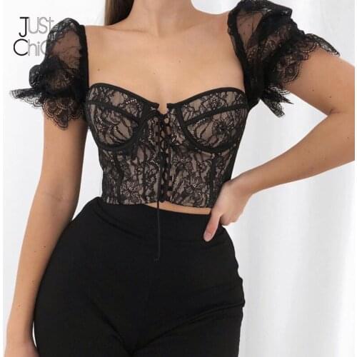 Justchicc Lace Bandage Crop Tops Women New 2021 Summer Fashion Chest Wrapping Shirt Sexy Puff Sleeves Top Night Club