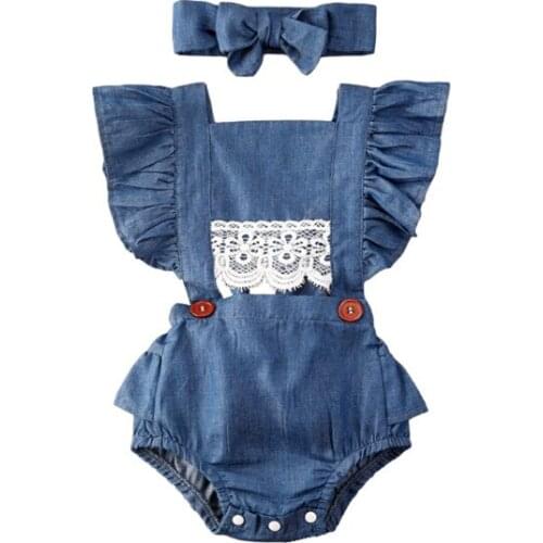 0-24M Summer Baby Girls Boys Denim Bodysuits Headband 2pcs Ruffles Short Sleeve Lace Blue Jumpsuits