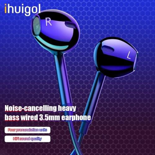 Ihuigol Metal Bass Earphones 3.5mm HiFi Earphone Wired Stereo Sport Noise Cancelling Earbuds For Xiaomi Samsung In-Ear With Mic