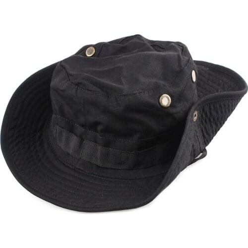 Mens Military Army Round-brimmed Hat Sun Boonie Hat Bucket Cap Protector Fisherman Fishing Hiking Cap Black
