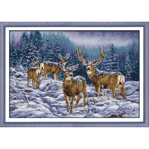 Winter deer herd printed cross stitch kit 14ct11ct count print canvas cross stitch needlework embroidery DIY decorative painting