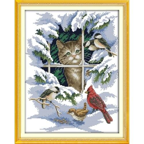 Cat and birds cotton Animals cross stitch kits 14ct white 11ct printed embroidery DIY handmade needle work wall home decor