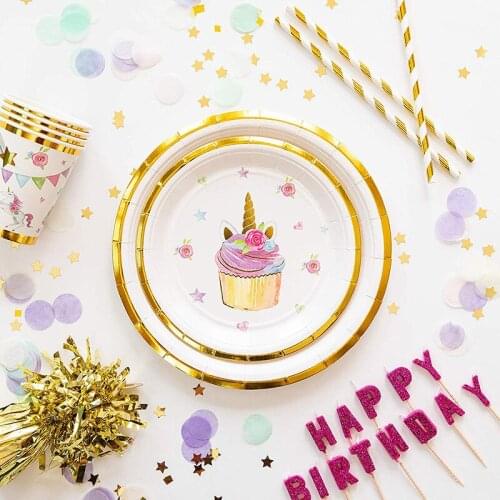 Gold Unicorn Themed Party Disposable Tableware Set Unicorn Cake Plates Cups Napkins Straws Children Birthday Party Decorations