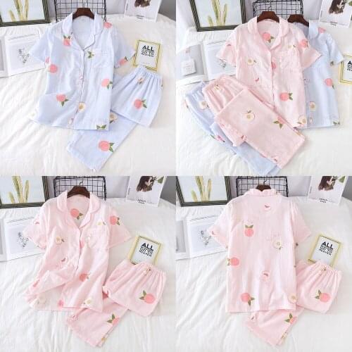 Japanese New Style Summer Womens 100% Cotton Gauze Pajamas Set Sweet and Soft Short-sleeved Trousers Home Service Pyjamas Women