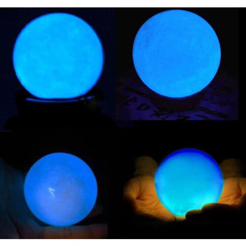 35MM Blue Luminous Quartz Crystal Sphere Ball Glow In The Dark Stone with Base