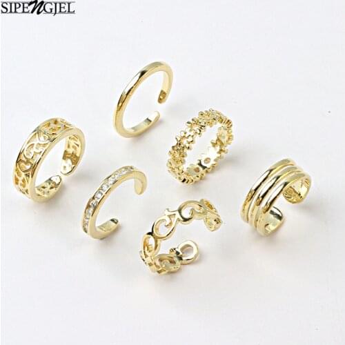 SIPENGJEL Fashion Cute Flower 6 Pcs Gold Ring Set Korean Finger Ring For Women Wedding Luxury Jewelry