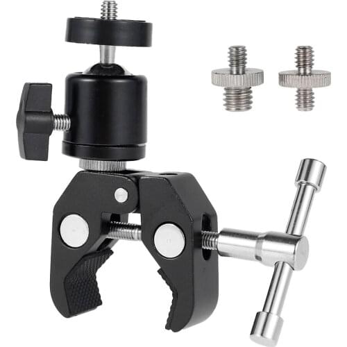 Super Clamp w/ 1/4" Thread for Cameras Lights Umbrellas Hooks Shelves Plate Glass Cross Bars with Mini Ball Head Crab Rod Clamp