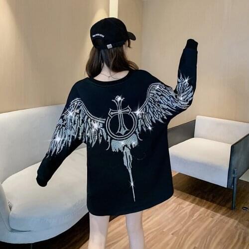 2021 Spring Autumn Necklace Cross Heavy Industry Hot Rhinestone Big Wing Loose Sweatshirt Crew Neck Pullover Top Sweatshirt
