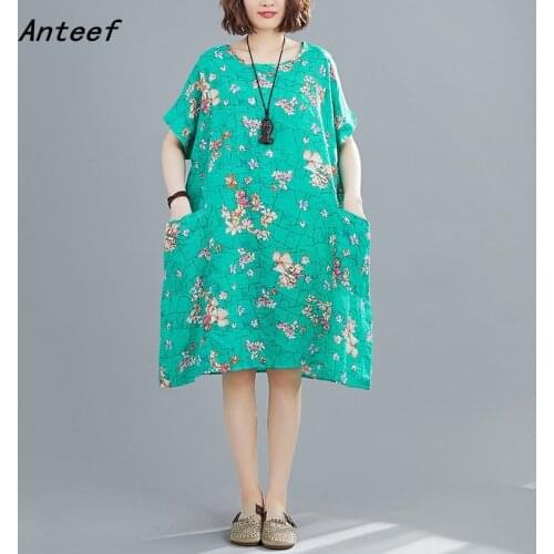 Short sleeve plus size cotton linen vintage floral dresses for women casual loose midi woman summer dress elegant clothes 2021