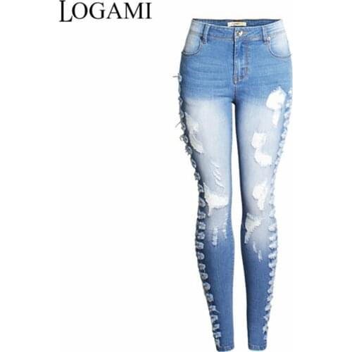 LOGAMI Ripped Jeans For Women Sexy Skinny Jeans Woman Slim Jean Destroyed Mujer Light Blue