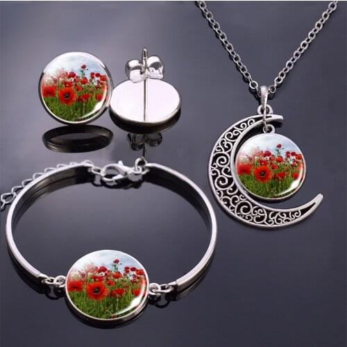 Women Jewelry Set Beautiful Poppy Pattern Necklace & Earrings & Bracelet & Box Packaging Fashion Silver Color Set Gift for Women