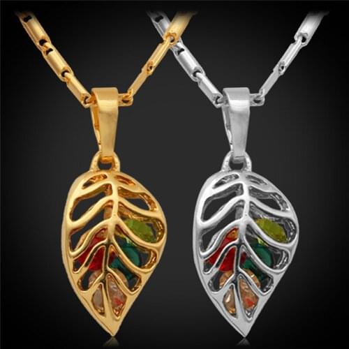 Austrian Crystal Jewelry Necklaces & Pendants For Women Yellow Gold Color Colorful Leaf Fashion Gold Necklace P685