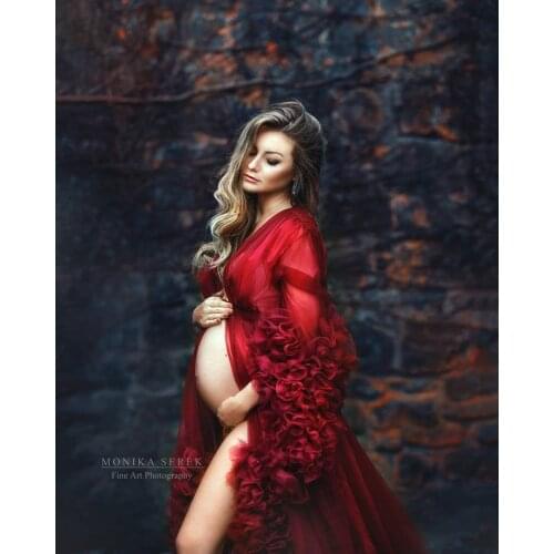 2020 Maternity Gown Custom Burgundy Formal Evening Dresses Long Women V Neck Full Sleeves Ruched Organza Evening Dresses