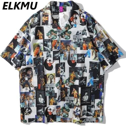 ELKMU 2021 Summer Shirt Bruce Lee Print Graffiti Hip Hop Streetwear Shirts Short Sleeve Blouse Men Fashion Tops Harajuku HE688