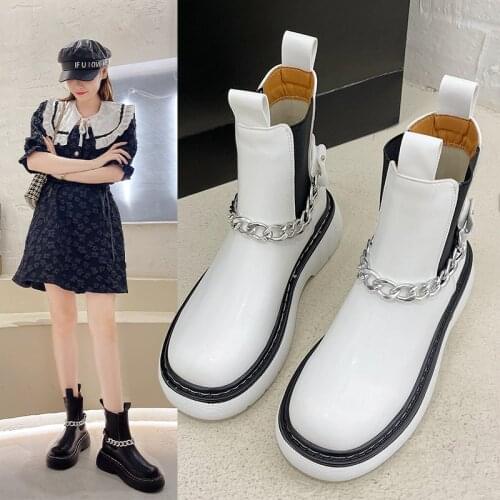 Platform Chelsea Boots Women Shoes Pu Leather Chunky Ankle Boots Metal Chain Multicolor Thick Sole Short Boots Women 2021