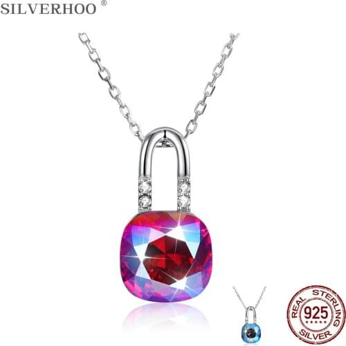 SILVERHOO 925 Sterling Silver Necklace For Women Austria Crystal Lock Exquisite Pendant Chain Famale Birthday Party Fine Jewelry
