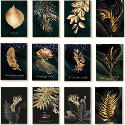 Black Wall Art Canvas Painting Posters and Prints Gold Leaves Wall Decor Pictures For Living Room Aesthetic Home Decoration