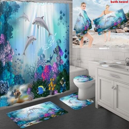 Shower Curtain Set with Bath Towel Printed Bathroom Non-Slip Mat Rug Toilet Cover Soft Water Absorbing Beach Towels Blanket