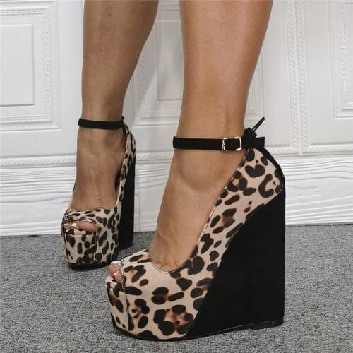 Fashion Woman Ankle Strap Leopard Wedge Pumps Gladiator Patchwork Black High Heels Peep Toe Summer Beach Vacation Sandalias