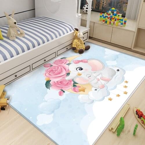 Cute Cartoon Elephant Children Comfortable Blue Carpet Non-Slip Flannel Carpet Baby Hand Print Bedroom/Living Room Decor Carpet