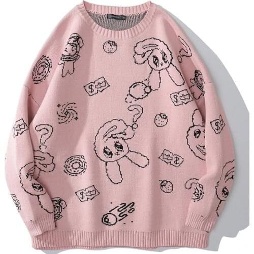 Mens Cartoon Knitted Sweaters Rabbit Strawberry Knitted Pullover Harajuku Casual O-Neck Sweater Oversized Couple Streetwear New