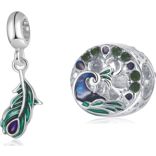 New Original Alloy Bead Blue Green Feather Bird Peacock Dangle Charm Fit Pandora Bracelet Bangle DIY Women Jewelry Dropship
