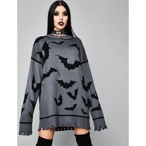 Renaissance Vintage Goth Bat Long Grey Sweater Harajuku Gothic Oversized Pullover Sweaters Grunge Punk Long Sleeve Hole Sweater
