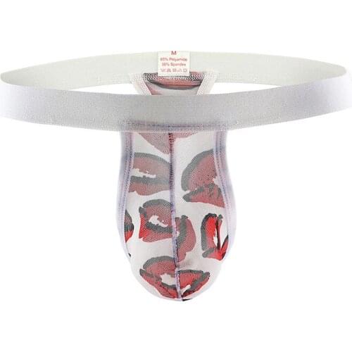 Sexy Gay Underwear Men G-string Thongs Ice Silk T-panties Man Print Thin Semi-transparent Lingerie Penis Cueca calzoncillo S M L