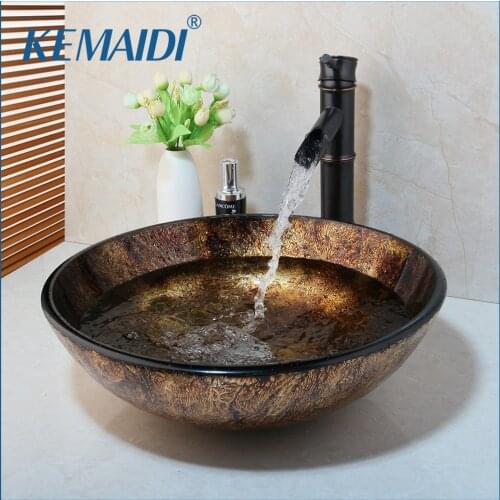 KEMAIDI New Soild Brass Oil Bamboo Black Faucet +Ross Brand 2015 Washbasin Lavatory Glass Sink Bath Combine Tap Mixer Faucet