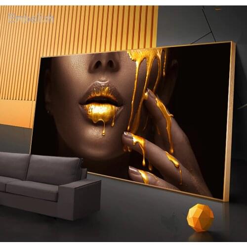 Embelish 1 Pieces Large Wall Art Pictures For Living Room Women Face With Golden Liquid Home Decor Posters HD Canvas Paintings