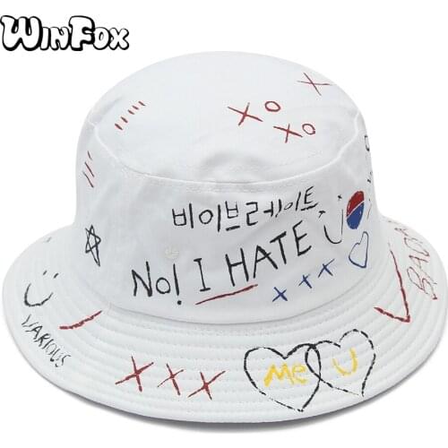 Winfox New Korea Fashion Summer Hip Hop Black White Graffiti Gorro Pescador Caps Boonie Bucket Hats For Womens Mens