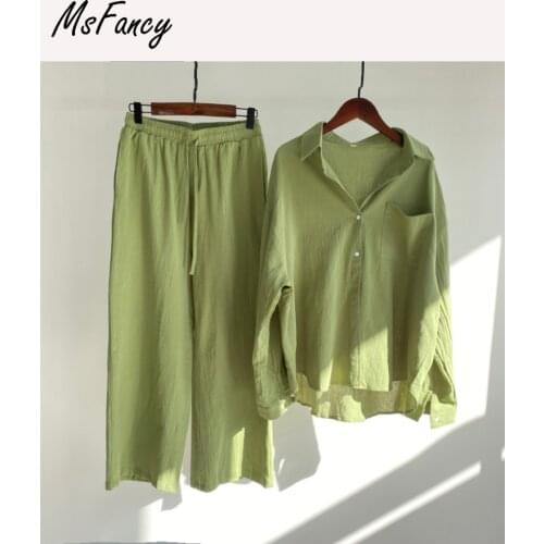 Msfancy Autumn Pant Sets Women Cotton Long Sleeve Loose Shirt Elastic Waist Wide Leg Trouser 2021 Female Casual 2 Piece Sets
