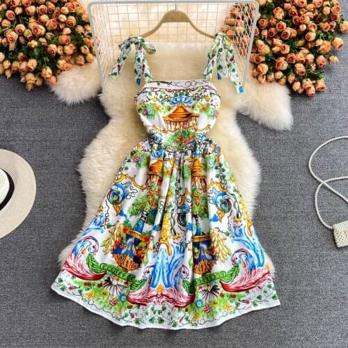 Menahem 2021 Summer Fashion Runway Bow Tie Tank Dress Womens Sleeveless Backless Floral Print Elegant Party Pleated Vestidos