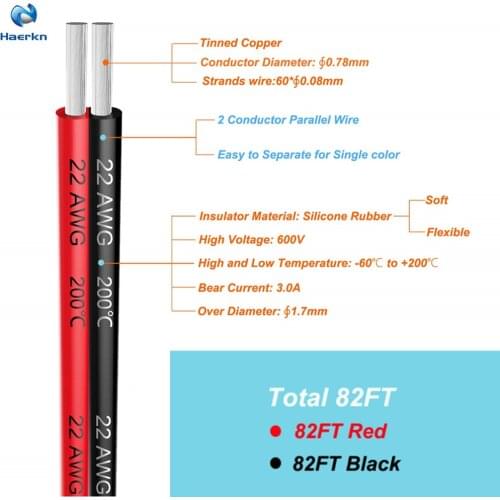 2pin Extension Cable Wire Cord 22awg Silicone Electrical Wire 50meter[Black 25m Red 25m] 2 Conductor Parallel Tinned copper wire