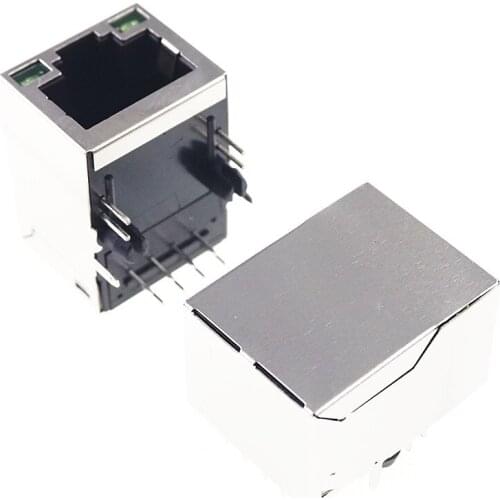 10 piece RJ45 1 Port Shielded Modular Magnet PCB Jack EMI LED Green Yellow 8P8C Right Angle 21.5x13.6mm Cross 8949-M881 Tab Up