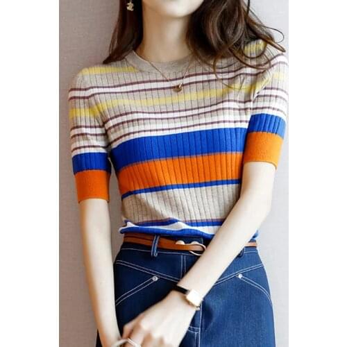 GGRIGHT 2021 Thin Women O-Neck T shirt Summer Women Knitted Striped Tee Shirt Slim Female Short Seleeve Tops