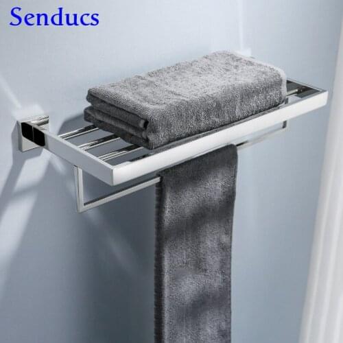 Senducs Chrome Bath Towel Rack Quality 304 Stainless Steel Bathroom Hardware Set Polished Chrome Bathroom Towel Shelf Holder