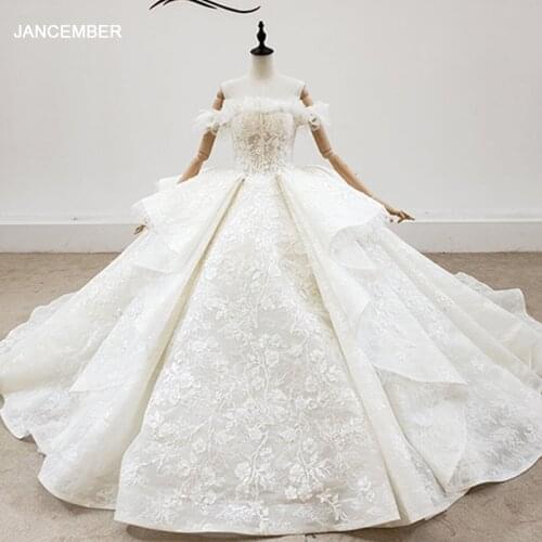 HTL2041 Ball-Gown Beading Crystal Luxury Sequined Wedding Dress 2021 Short Sleeve Boat Neck Lace Up Back