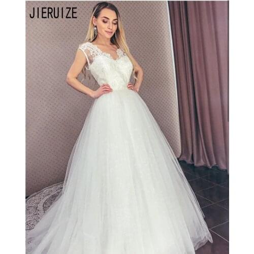 JIERUIZE Fashion Wedding Dresses Cap Sleeve V Neck Lace Appliques Zipper Back 2020 A Line Summer Bride Dresses Vestidos De Noiva