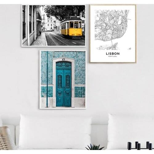 Lisbon Portugal Map Poster Prints Portuguese Tiles Blue Door Vintage Wall Art Canvas Painting City Photography Home wall Decor