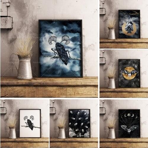 Affiche Chauve-Souris et Lunes Dorées, fresco, "Illustrations of Animals and Aspects", "Black and White", Déco Murale Mystique M