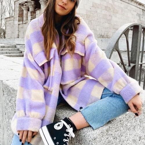 Sweet Plaid Woolen Shirt Jackets Women Fashion Pockets Turn-Down Collar Check Jacket Cute Girls Chic Coat Streetwear