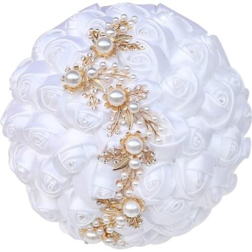 New Pure White Bride and Bridesmaid Holding Bouquet Satin Rose Bouquet Pearl Rhinestone Handmade Wedding Supplies CB003