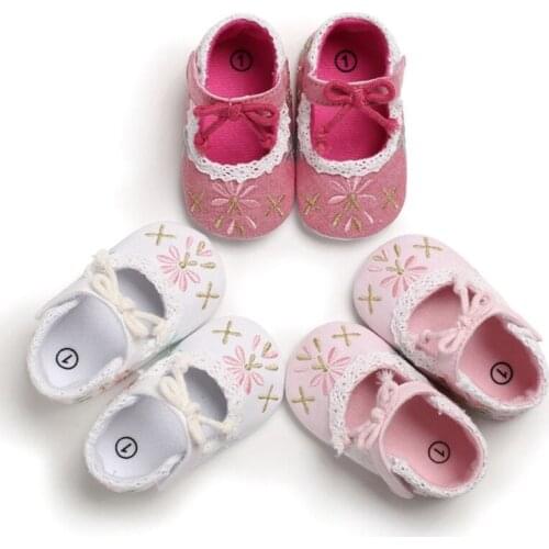 Baby Girl First Walkers Cartoon Floral Embroidery Soft Sole Baby Crib Shoes With Bowknot 0-18M