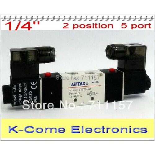 1/4'' BSP 1/4 Inch 4V220-08 5 Ways 2 Positions Pneumatic Air Solenoid Valve Double Head DC 12V 24V AC 110V 220V