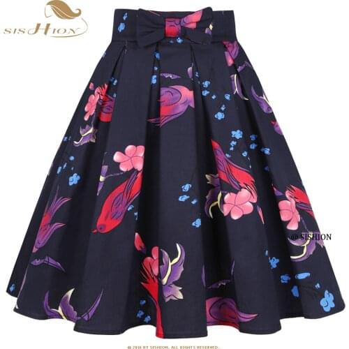 SISHION New Vintage Style Cotton Floral Birds Printed Rockabilly Flare Pleated Skirt SS0012 Plus Size Femme Jupes Women Skirt