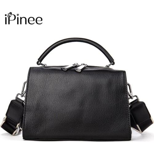 IPinee Simple Style Women Shoulder Bag 100% Genuine Leather High Quality Lady Crossbody Bag Black Fashion Tote Handbag