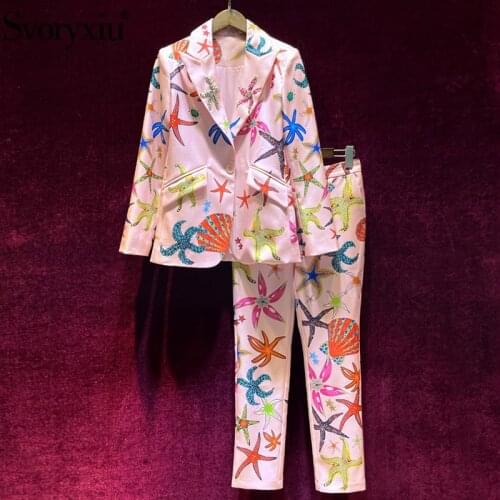 Svoryxiu 2021Autumn Winter Runway Fashion Starfish Print Pink Two Piece Set Womens Single Button Beaded Jackets + Pants Suits