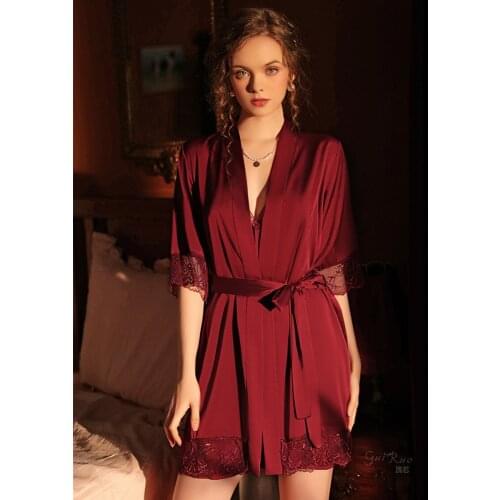JULYS SONG Satin Lace Nightdress Female Sexy Robe V-neck Belt one piece Elegant Stitching Faux Silk Summer Bathrobe Sleepwear