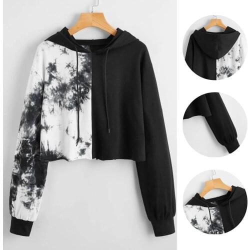Women Long Sleeve Tie-Dye Print Patchwork Sweatshirt Crop Top Hoodies Pullovers Harajuku Casual Hooded Sweatshirts Streetwear
